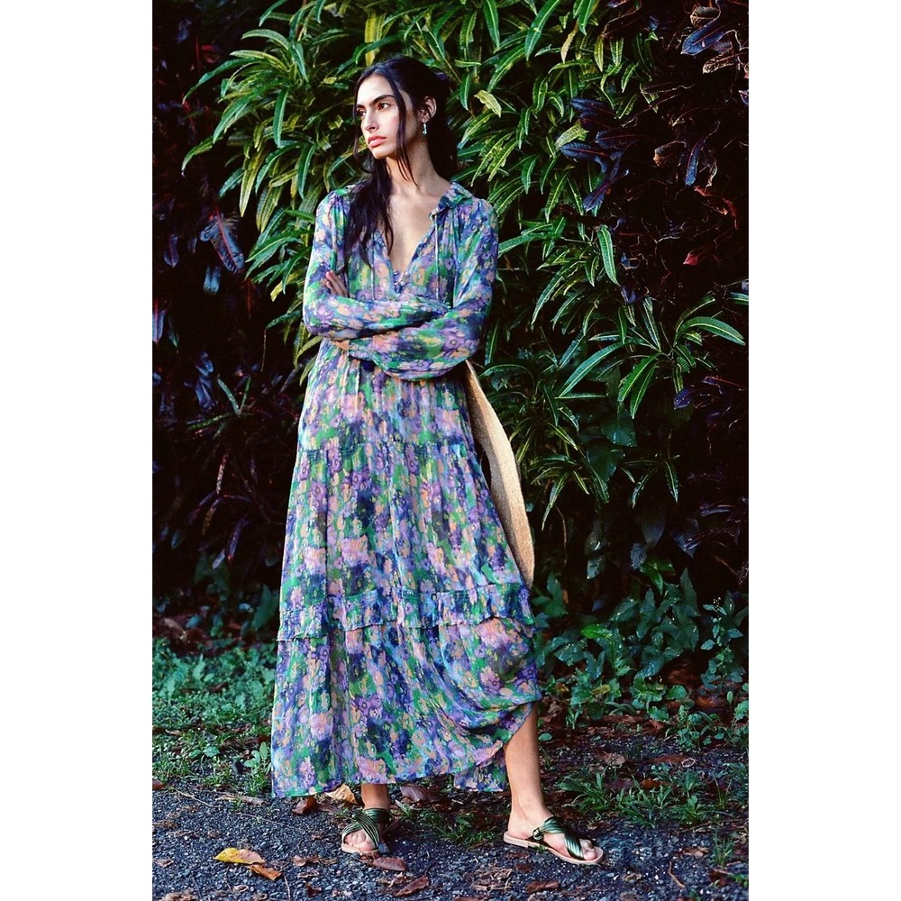 Anthropologie Marais Maxi Dress Purple Green Floral Tiered Ruffle Tassel M